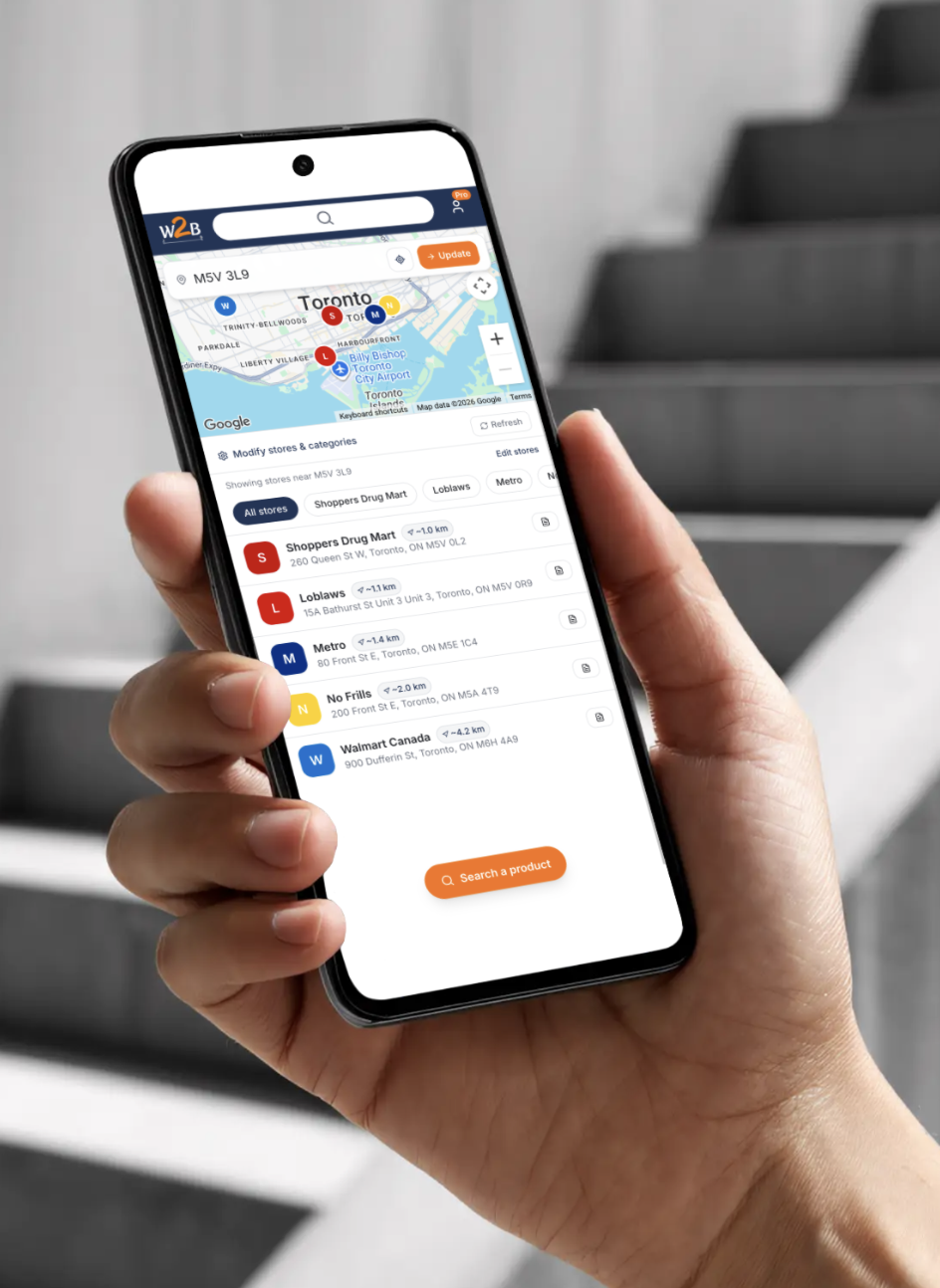 Where 2 Buy Android app showing a map of nearby stores including Walmart, Loblaws, and Metro