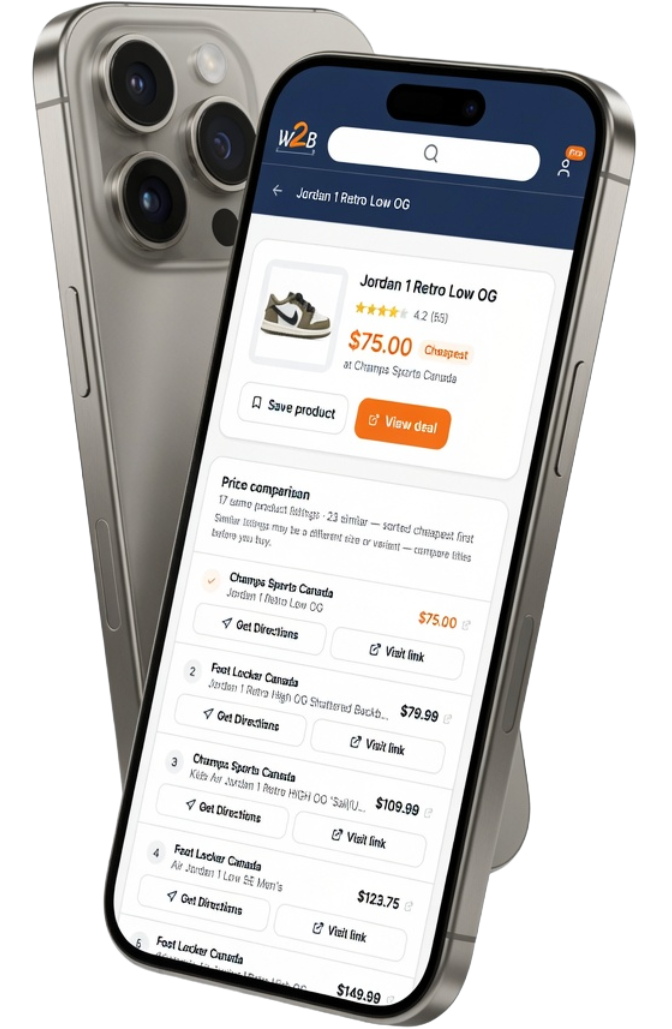 Where 2 Buy iPhone app comparing Jordan sneaker prices across Champs Sports and Foot Locker