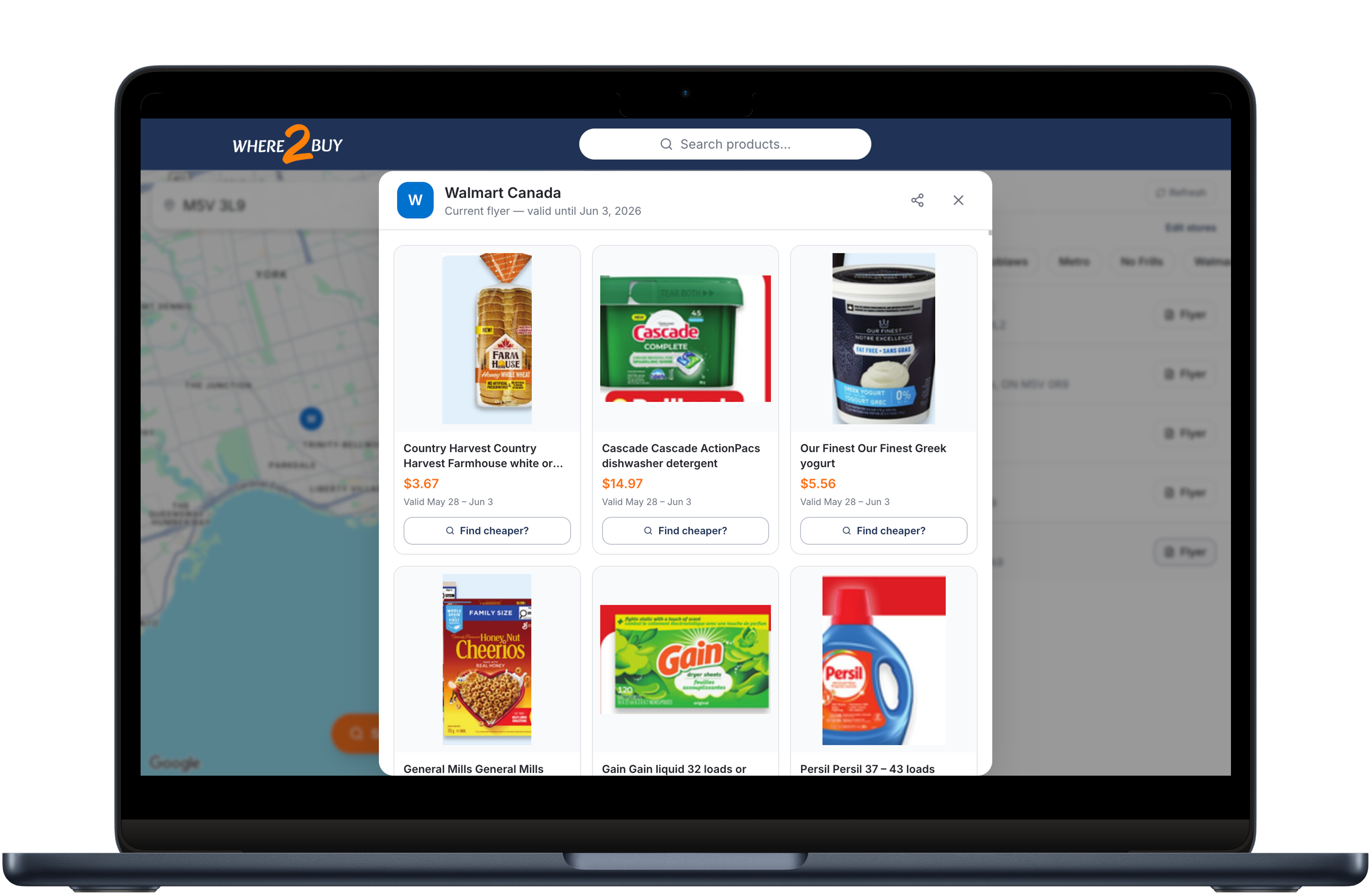 Where 2 Buy website on a laptop showing a Walmart Canada weekly flyer with grocery deals